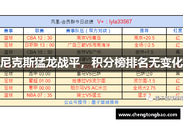 尼克斯猛龙战平，积分榜排名无变化